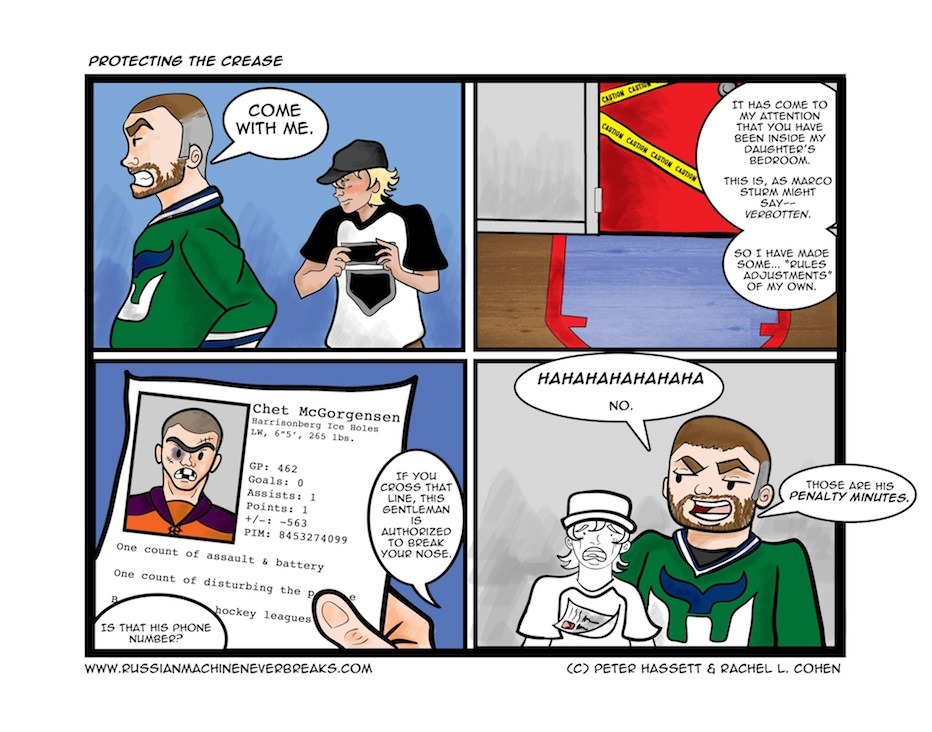 previous page | first page | next page
The lessons of hockey are universal, abstractable to all corners of life. In this example, we learn that the role of enforcer/thug/goon has meaning in responsible parenting.
To both readers familiar with Johnny...