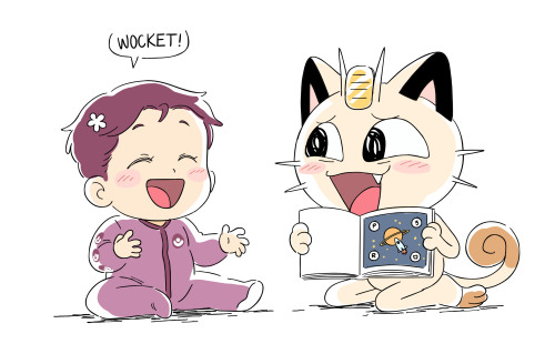 yamujiburo:  First words~Jules didn’t stop yelling “Wobbuffet” for weeks much to Jessie’s dismay. Jessie and James were still very proud that her first word was such an advanced oneUncle Meowth helped Jean learned how to speak. Their first word