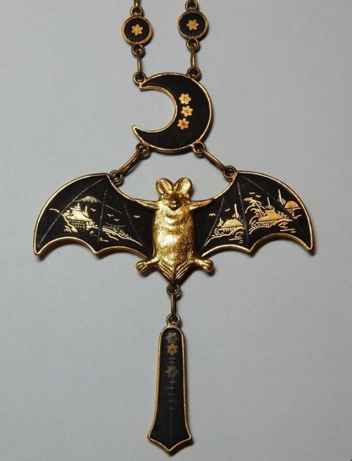 anthropologyarda:treasures-and-beauty:Art Nouveau Japanese 24K; Silver Inlaid Damascene Bat and Cres