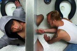 thedirtyspartan:  I love cruising some hot guy and having him slide a big slab of meat under the stall for me to slobber on 