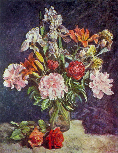 Bouquet of flowers. Peonies, irises, lilies, 1942, Ilya Mashkov