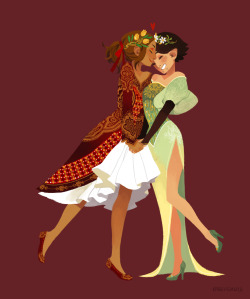 drparisa:  i commissioned the love of my life @xfreischutz to draw my mithra hawke and merrill getting married! ;;  frei is a master of design and i’m screaming at how cute these ladies are and mITHRA’S DRESS IS KILLING ME LOOK AT THE PATTERNS and