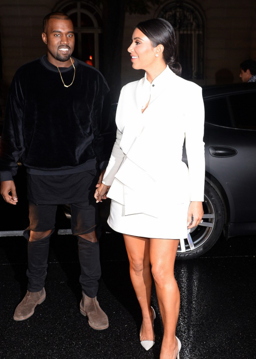 kimkardashianfashionstyle:  September 24, 2014 - Kim Kardashian & Kanye West leaving the Le Royal Monceau Hotel in Paris.   😍