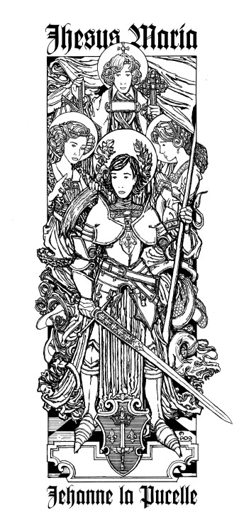 matthew-alderman:Saint Joan of Arc with Her Voices, SS. Michael, Catherine and Margaret. Ink Illustr