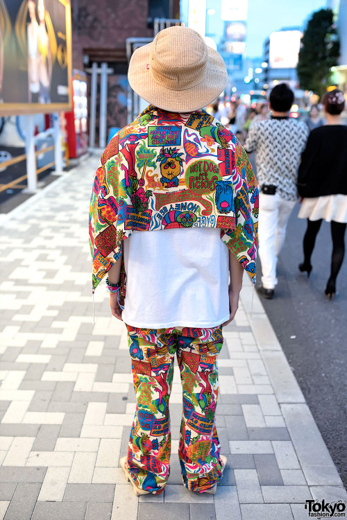 tokyo-fashion:  Takuya and Chiharu on the street in Harajuku wearing fashion from 70s Monster, Bikini Monster, Buttstain, and Airwalk. They are both in with the Tokyo Funks skate/surf collective. Full Looks