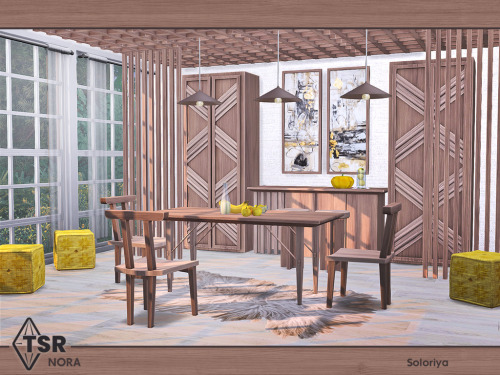***Nora*** Sims 4 Includes 11 objects: cabinet, ceiling beams, three ceiling lights, chair, dining t