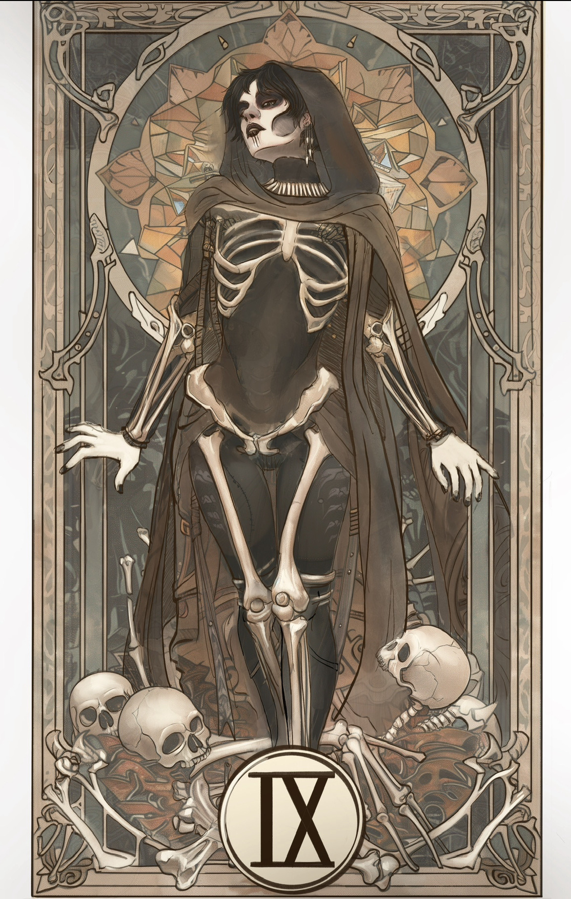 Fanart of Harrowhark Nonagesimus from The Locked Tomb series, dressed in a hooded outfit with portions of her skeletal structure (non-graphically) exposed, with a collection of bones and skulls at her feet. With a decorative background in shades of brown, and a large Roman numeral IX at the base of the image.