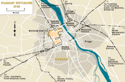 HISTORICAL URBAN GEOGRAPHY: Map of the historical Warsaw ghetto within the city of Warsaw, Poland. Established in 1940, it encompassed 30% of the city population before World War II, when the ghetto was largely destroyed by the Nazis.