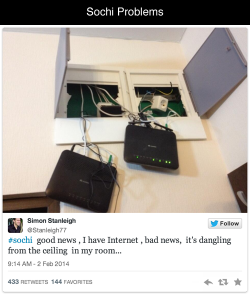 tastefullyoffensive:  Sochi Problems [yahoosports]  I&rsquo;d just like to correct something real quick. Specifically that first tweet. &ldquo;Good news: I have internet. Bad news: It&rsquo;s dangling from the ceiling and I can&rsquo;t use it unless I