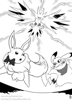 searching-for-bananaflies: Here’s some pokemon related tier 4 patreon commissions. First one is for Artistdx (on DA), who wanted to see Ross and Saria against zapdos, ala mystery dungeon style (hey! What I told ya! RD is not totally done) And next one