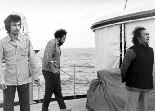 “Raga” director Howard Worth with George Harrison and Ravi Shankar‬, off the coast of Cannes, May 19