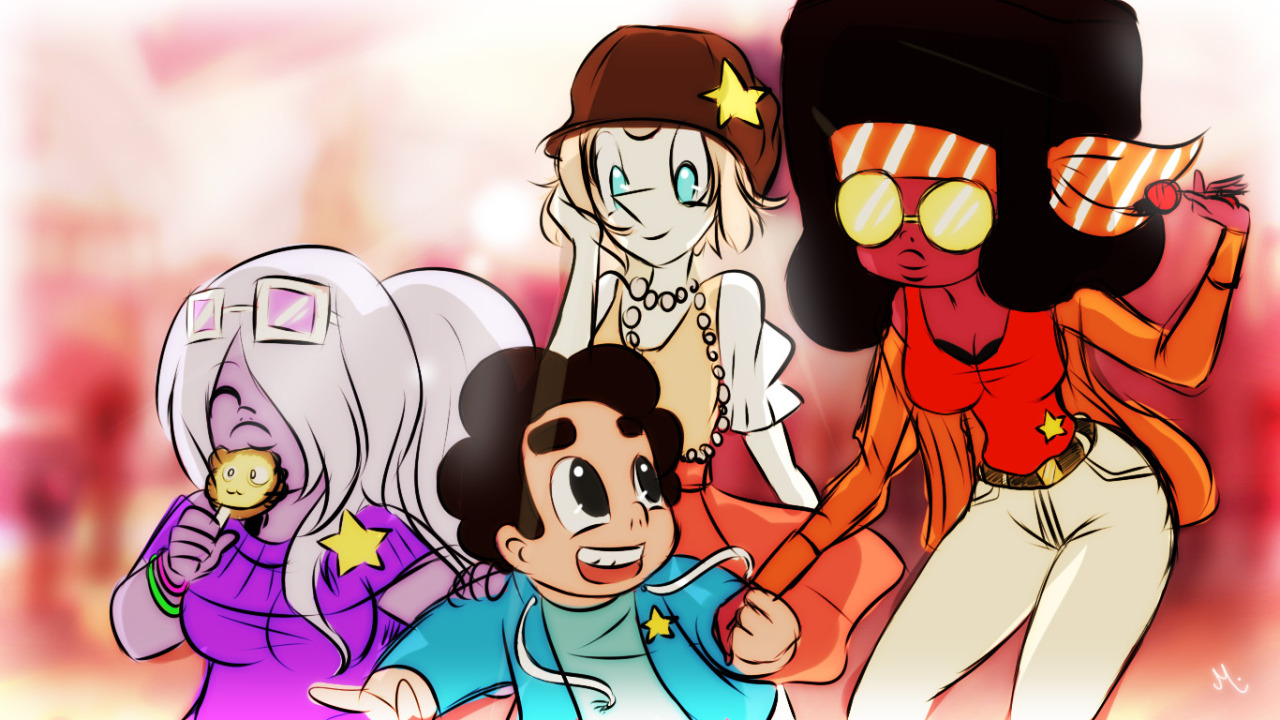 princesssilverglow:  A “quick” sketch. Steven and the Gems in Funland. It was