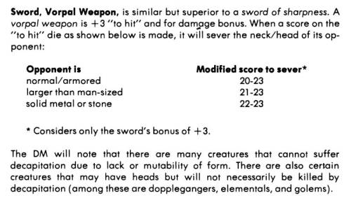 oldschoolfrp:Vorpal Sword stats from the treasure tables in the Dungeon Masters Guide by Gary Gygax,