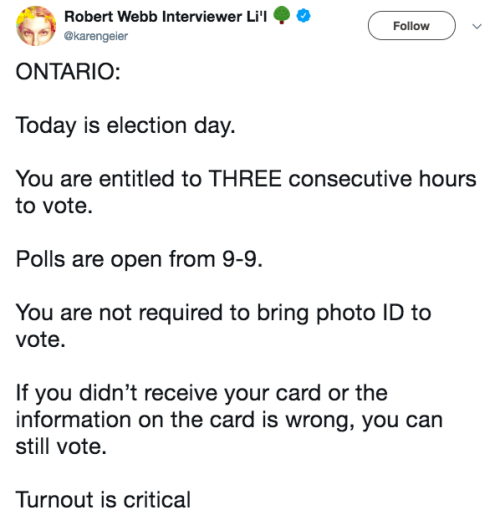 midnight-kfc: Ok Ontario friends: it’s election day and not going out to vote is dumb and sill