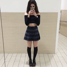 pleatedminiskirts:  Lovely off the shoulder crop top, great tartan pleated miniskirt