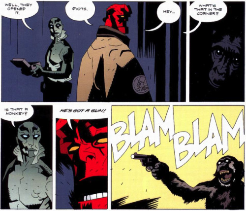 He’s got a gun! From Hellboy: The Right Hand of Doom (2000) Art and words by Mike Mignola