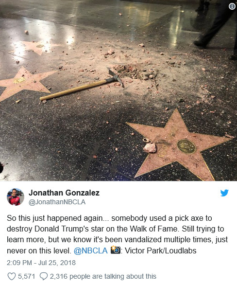wetwareproblem:  sugarbatsy: temptation-revelation:  catchymemes: Donald Trump’s Star on the Hollywood Walk of Fame is destroyed by man carrying a pickaxe in a guitar case.  Icon   And NOW the guy who did it back in 2016 is trying to raise enough bail