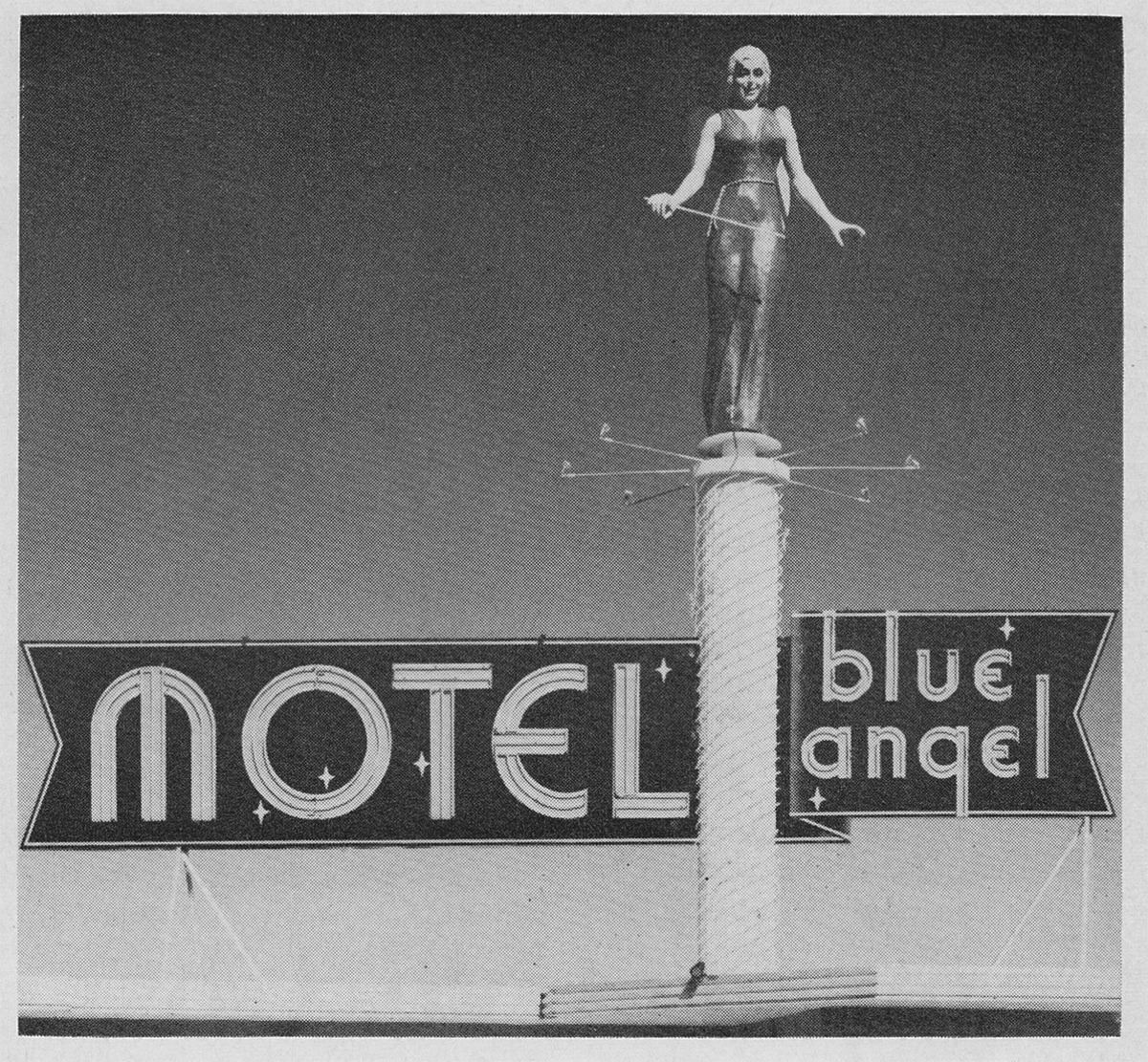 Blue Angel Motel, 1958
Photo from Signs of the Times, Dec. 1958. 15-foot tall fiberglass figure, revolving in 10 seconds, 45 x 6-ft letters. The magazine credits “General Electric Displays of Las Vegas,” though it’s commonly credited to Western...