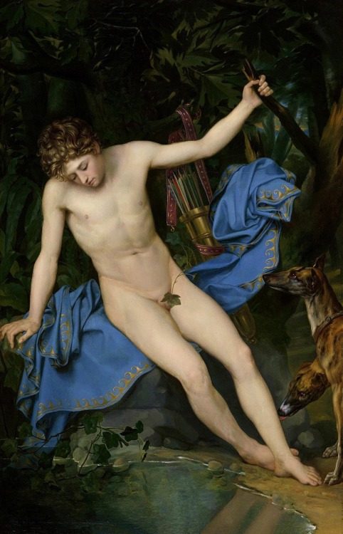 mythologer:Narcissus (1820) “Oil on canvas, unknown measures” [Groeningemuseum, Bruges, Belgium] – Joseph-Denis Odevaere (1775 - 1830)This naked youth with ivory skin and blonde curls corresponds to the Neoclassical ideal of beauty. It is