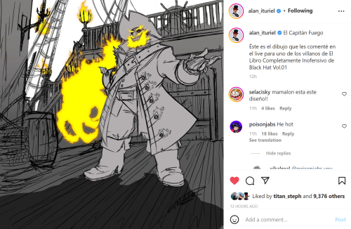 nightfurmoon:  Drawing of Captain Fuego, from Black Hat’s Completely Harmless Book Vol 1!Finally we get to see him! I LOVE him he looks SO COOL!! Source of Alan’s insta post below, give it love!
