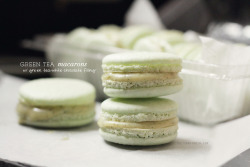 thetummytrain:   Green Tea Macarons with Green Tea-White Chocolate Ganache Filling | My macarons are looking better and better each time! The shells have a very mild green tea flavour. Good news is, since the filling is infused with green tea as well,