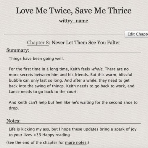 Love Me Twice, Save Me Thrice - Chapter Eight on Ao3✨Klance ✨Fey Lance / Half-Fey Keith ✨Modern Faer