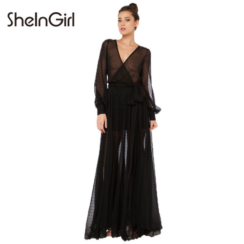 fashionlover3197: SheInGirl Sexy Maxi Dress Women 2017 Summer Black bandage wrap dress mesh chiffon 