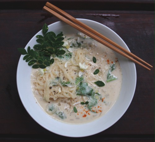 Chickpea miso | almond | homegrown moringa leaf + flower RECIPECooked Ingredients:2 tsp extra v