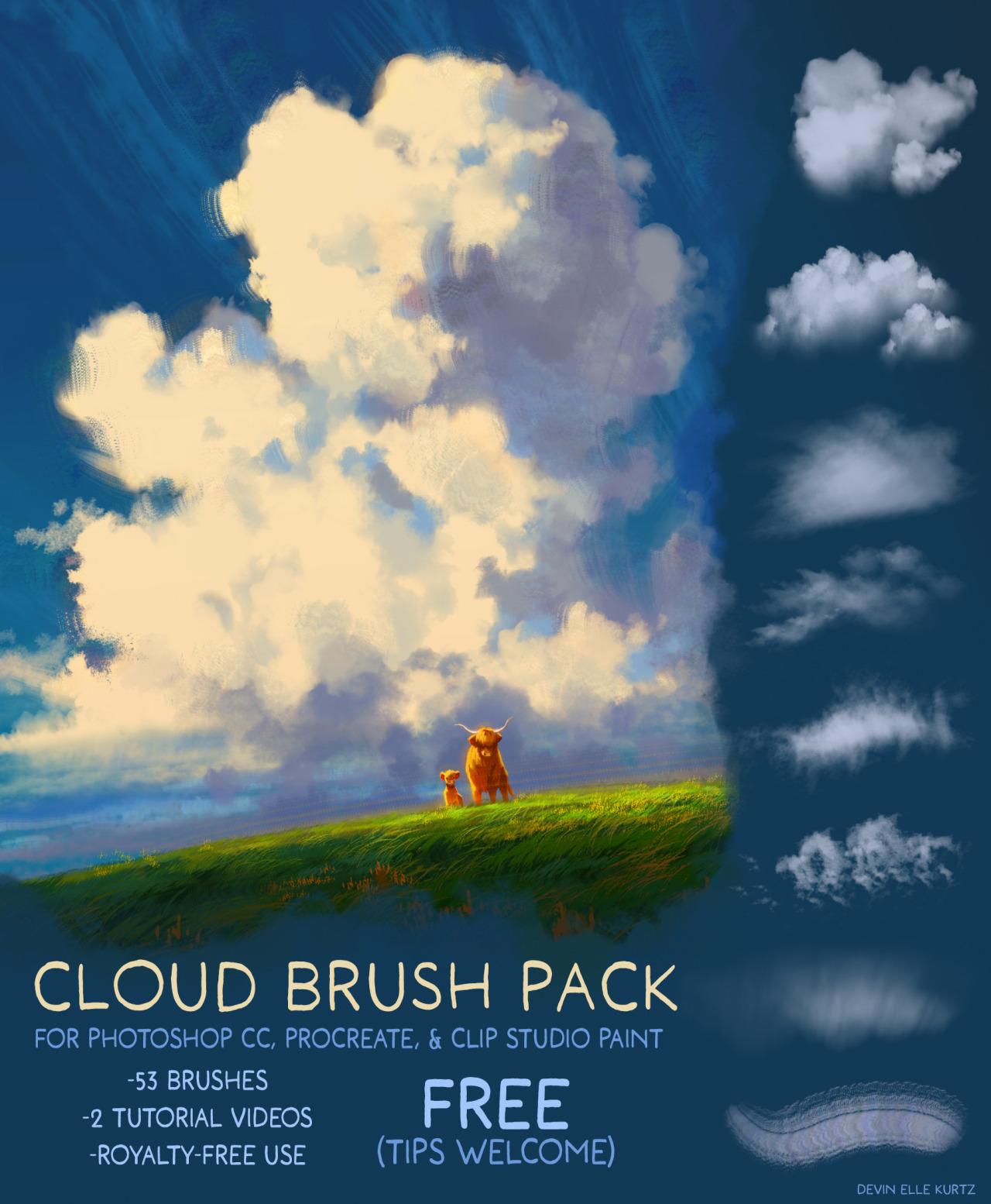 Cloud Brush Pack for Photoshop CC, Procreate, and Clip Studio Paint! [Image is of two small cows on a grass field in front of a cloudy sky] 53 brushes, 2 tutorial videos, royalty free use. Free, tips welcome! By Devin Elle Kurtz