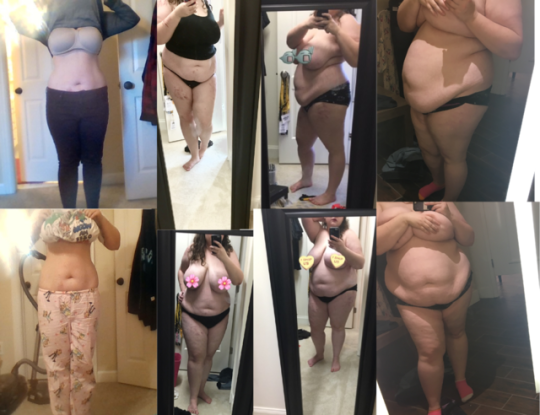 jigglybellysoftheart:  jigglybellysoftheart:The far left is early 2016, the far right is last week (May 2019). In the 3 years that I’ve had this blog and been gaining, I’ve gone from a medium to a 2xl, a size 10 to a 22, and a 38DD to a 42H, with