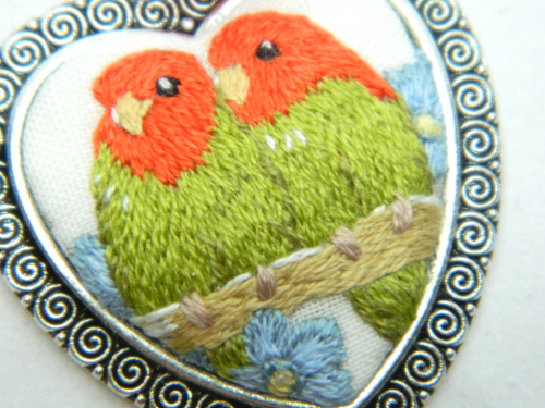The elegant necklace &ldquo;The lovebird cupe&rdquo; with painting micro embroidery on cotto