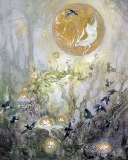 shadowscapes-stephlaw:“Moon Gazing” #watercolor #goldleaf #painting #art #arteveryday #rabbit #rabbits #bunnies #moon #moonlight #magpies #birds #bird #birdart #birdsinart #flying https://ift.tt/2w3Hzym