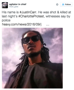 revolutionarykoolaid:  Rest In Power (9/22/16): Justin Carr, the 26-year old protester shot in Charlotte at a protest Wednesday night has passed today. Carr took to the streets demanding justice for the murder of Keith Lamont Scott at the hands of CMPD.