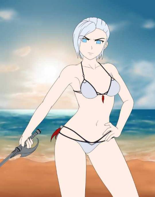 Work in progress. In anticipation of Volume 9, its time to continue the  series. Yes, she is not happy with someone who has been staring at  Robyn...or something I dunno. #rwby#winter schnee#bikini#beach#sky#female#feathers#sword#anime#wip