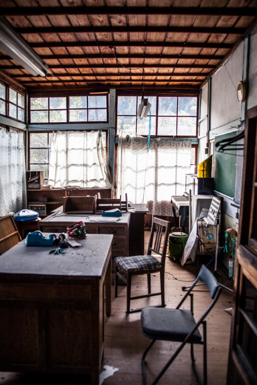 The office of a small 2 room schoolhouse buried deep in the forests of Western Japan. 