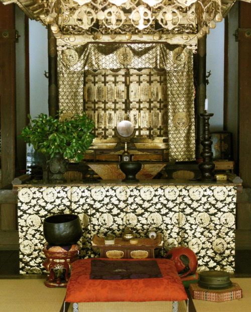 Buddhist altar, with various brocade uchichiki (altar cloths).  Amitabha hall, Mountain of Nagaokaky