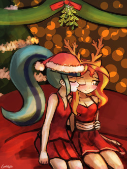 tehlumineko:  commission - sonata dusk with sunset shimmer under the mistletoe~ events - stream - deviantart ——————————————— If you like what I draw, and would like to support me.. please consider my [Patreon], or [Streamtip]
