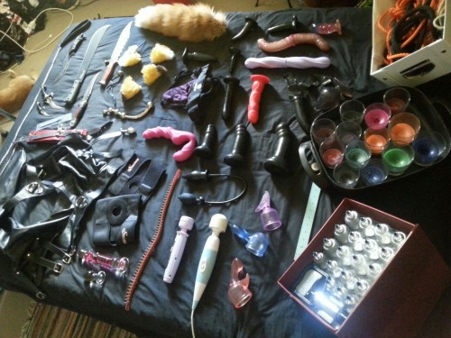 submissivefeminist:  propertyofboss:Finally got photos of our toy collection, 90% of it at least, there is probably stuff I missed and doesn’t include lingerie or anything.   A what’s what list… Pic 1. (From left to right)  Two sided fuzzy and flat