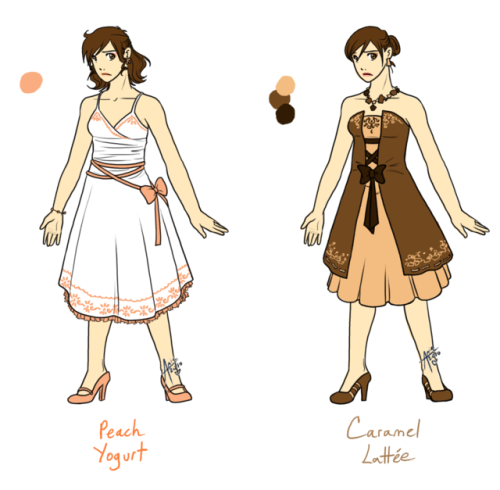 Dresses designed for the group event alluded to here.They’re all based on delicious foods because am