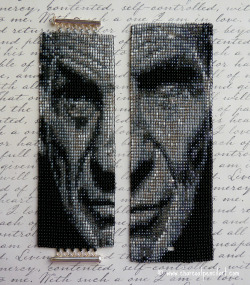 eratoamused:  www.charcoalpencilart.com ‘The Left Side of Leonard Nimoy’ Beaded Art Wide Cuff Square Stitched Bracelet with Buttonholes for a (Trek) Cufflink and a Removable Watch Face. One of a Kind. On the left: my old ‘Spock Prime’ bracelet.