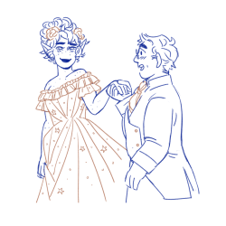 herbgerblin:[ID: Three lineart drawings in blue and gold. The first image shows Lup and Taako, a female and male elf respectively. They both have freckles and curly hair. Lup is wearing a dress and apron, while taako wears a wizard hat and robes covered