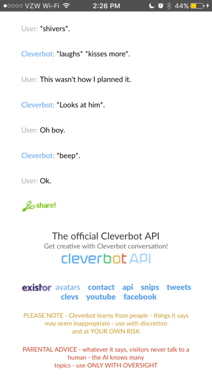 So I tried the clever bot cybersex joke and it wasn&rsquo;t what I was expecting. Someone repost wit