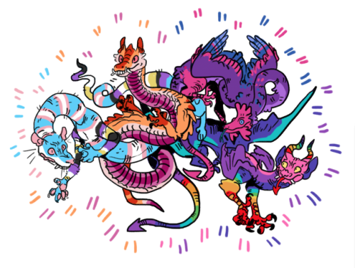 realfootage:  kicking off pride month early with some somewhat blog relevant lgbt creatures! lesbian lindworm, gay gargoyle, bisexual basilisk, trans tatzelwurm.. hanging out in all their color clashing glory 
