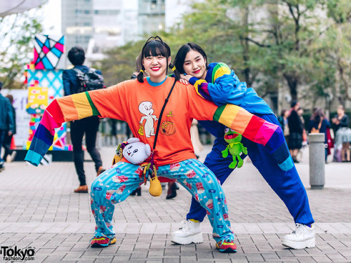 17-year-old Japanese students Asuko and Mai on the street in Tokyo wearing colorful fun looks featur