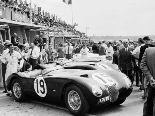 The works Jaguar C-Type:s, lined up before the start of the 24 Hours of Le Mans in 1953.