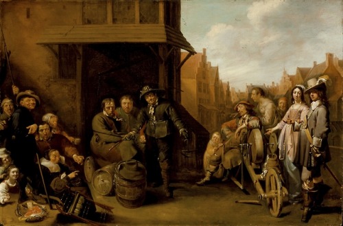 A Street Scene with Knife Grinder and Elegant Couple, Jacob Duck, ca. 1655