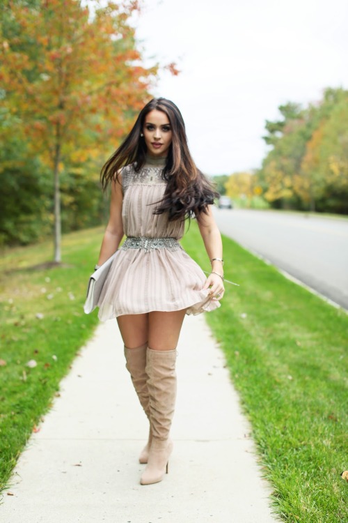 Fashion blogger Carli Bybel from thebeautybybel in Gojane Tie It Up Over The Knee BootsSource: thebe