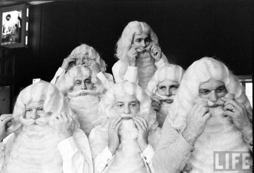 Students at a Santa Claus school work on their facial hair(Alfred Eisenstaedt. 1961)