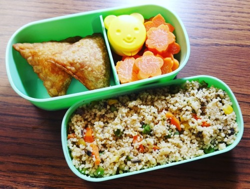 pomp-adourable: Todays bento Chicken Samosas, veggie couscous with mushrooms, peas, carrots and corn