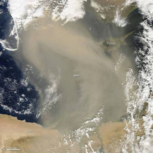 MEDITERRANEAN DUST STORMNASA’s Terra satellite captured this dust storm, carried by southwesterly wi